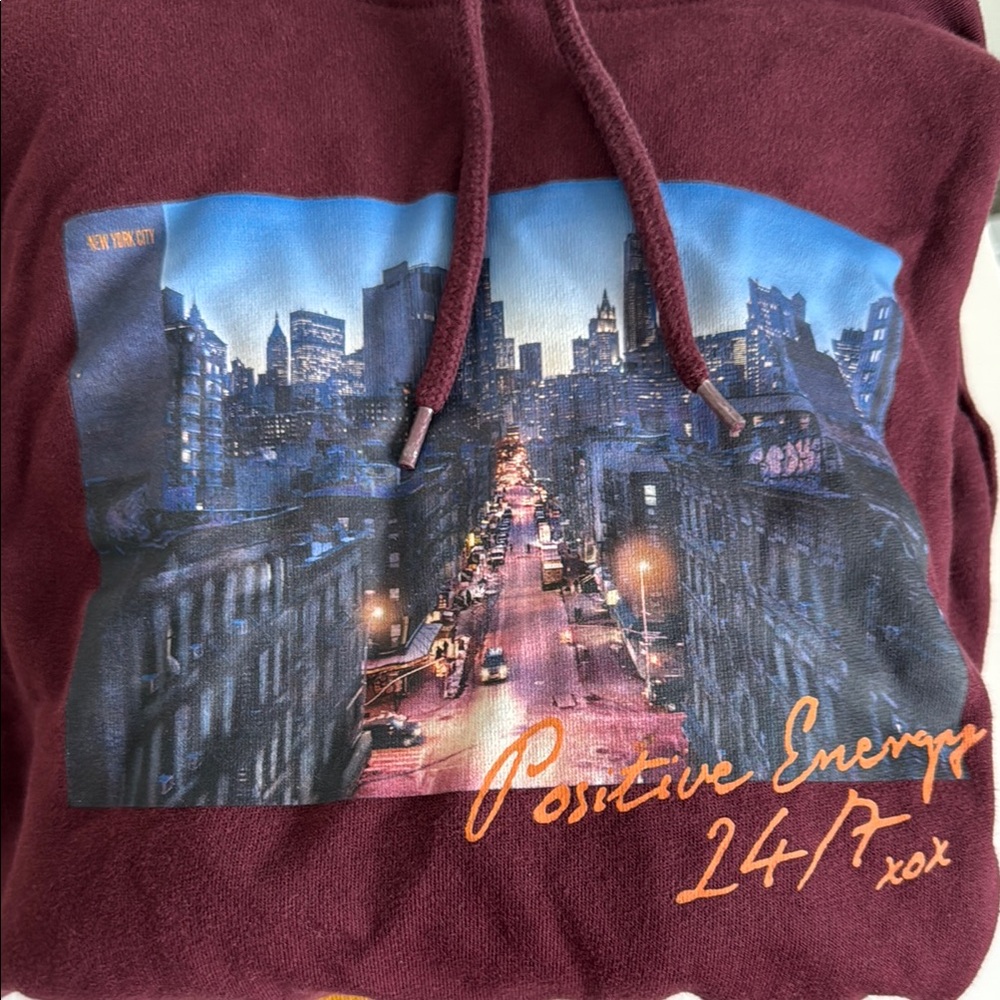 Burgundy Hoodie with Cityscape Print
